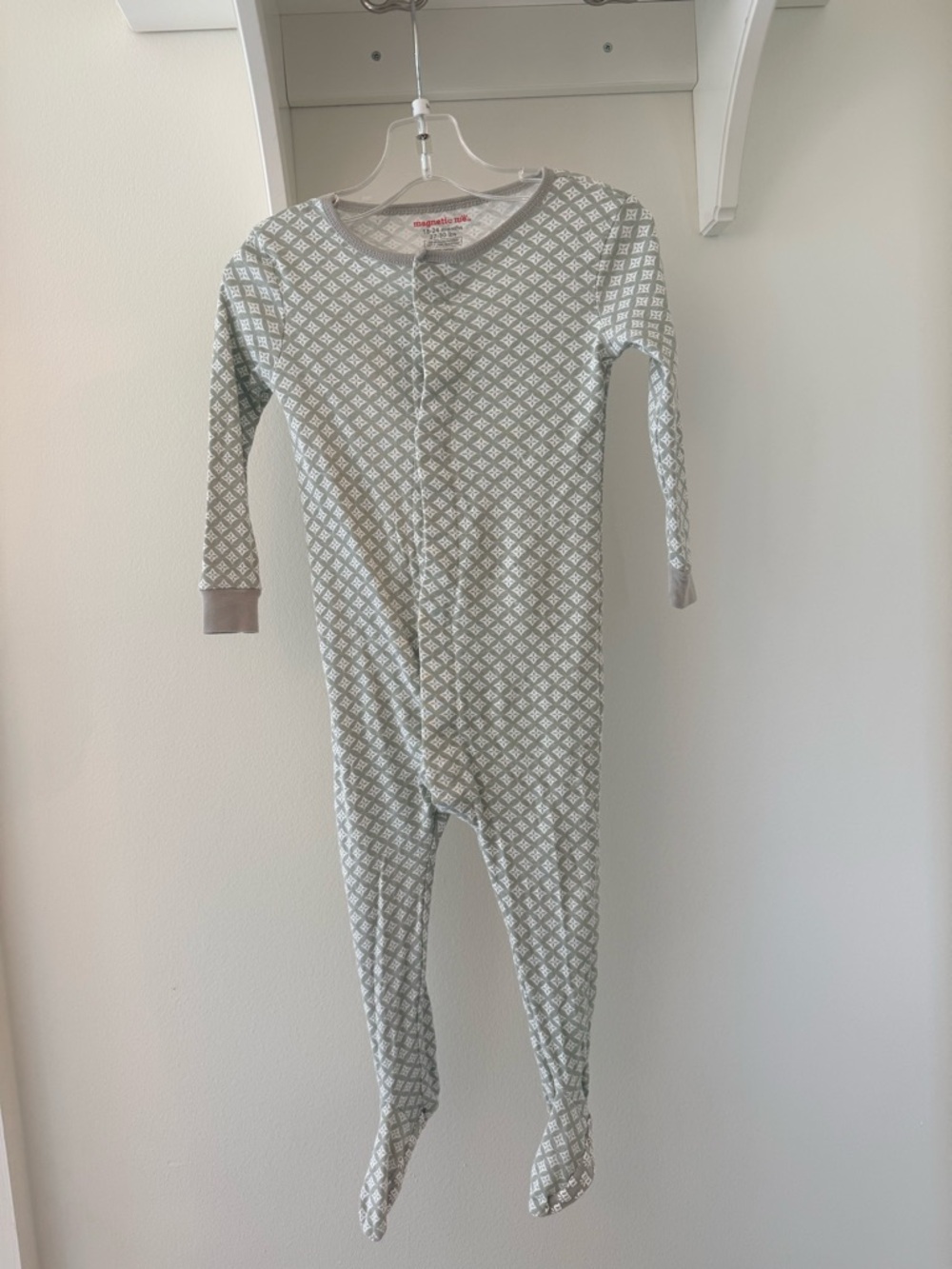 Magnetic Me Green and White Diamond-Print Footed One-Piece — in great shape!